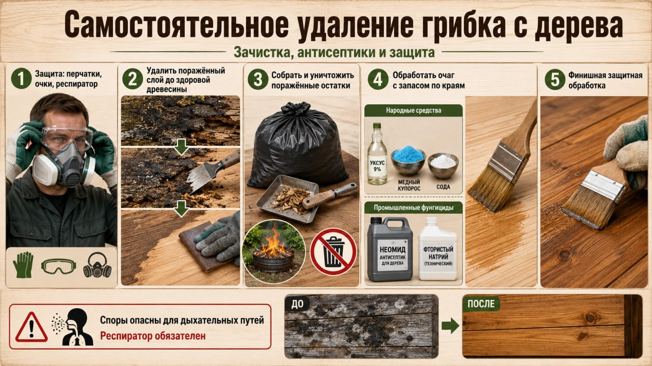 Самостоятельное удаление грибка: механическая зачистка, народные антисептики и промышленные фунгициды